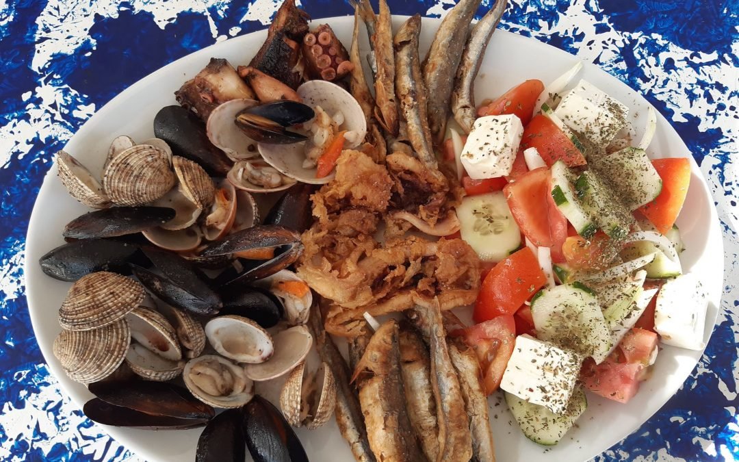 Mix Seafood and Greek Salad dish.